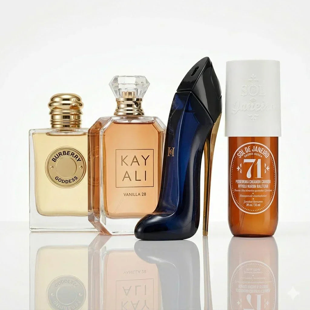 Σετ 4 αρωμάτων | Burberry Goddess, Kayali Vanilla 28, CH Good Girl, Sol de Janeiro '71.